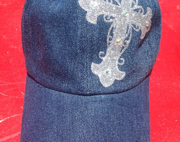 Personalized Womens Baseball Cap With Scroll Glitter Cross- Rhinestone Bling Cadet Trucker Cap, Religious Accessories, Rhinestone Cross Hat