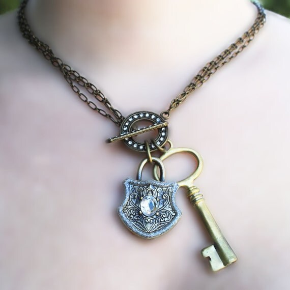 Antiqued Bronze Key and crystallized Locket Pendants by YeYeStyle