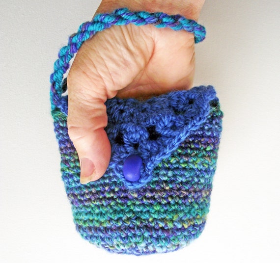 Wrist Pouch, Crochet Bag with Wrist Strap, Blue Green & Purple Purse ...