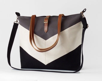 LARGE, Black gray chevron Tote, Diaper bag, Shoulder bag, Handbag, Work bag, School bag. 9 inside pockets. Waterproof poly lining available