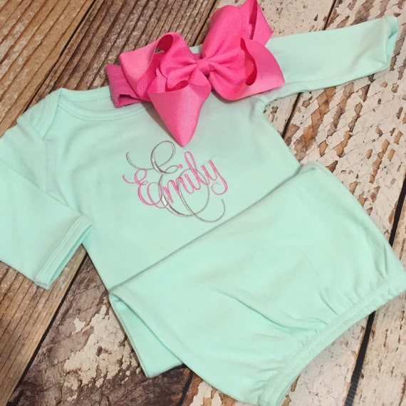 Monogrammed gown and bow baby girl coming home outfit