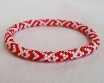 Red Hearts Thin Seed Bead Crochet Bangle - Ready to Ship