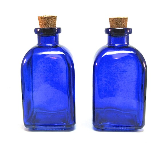 Download 2 Blue Glass Bottles with Corks 250ML 8.5 ounce Cobalt Reed
