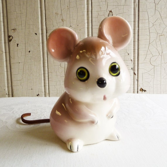 Vintage Mouse Bank Mouse with Glass Eyes and Leather Tail