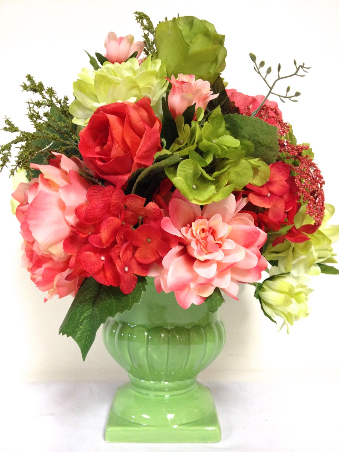 Silk Floral Arrangement Floral Centerpiece Red Orange & Lime