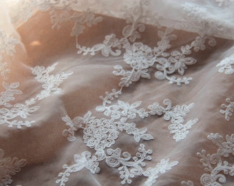 White Organza Wedding Lace Fabric Cotton Floral Embroidered Veil Lace Tulle Gauze 47" Wide 1 Yard For Dress Veil CostumeHeadwear Supplies