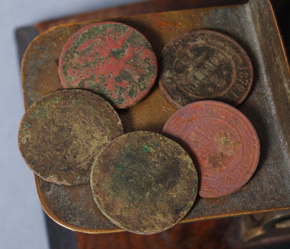 Set of 5 Antique copper coins heavy patina by on Etsy