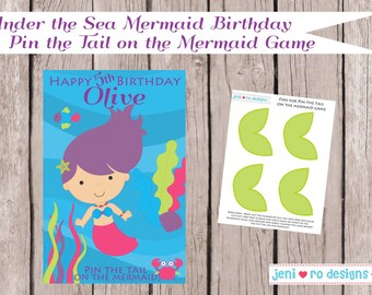 Pin the Tail on the Mermaid Under the Sea Birthday Printable Game - Personalized