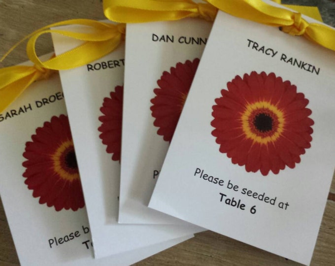Please Be Seeded Seating Place Cards Escort Cards Gerber Daisy Red and Yellow Design with Wildflower Seeds inside Perfect for Wedding