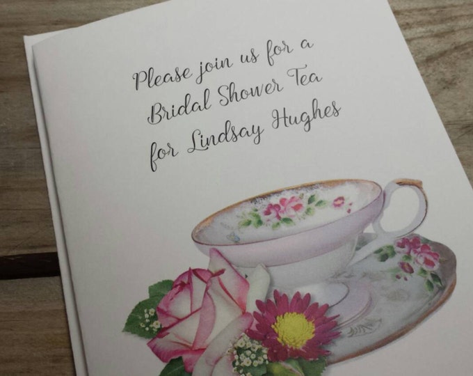 Personalized Henrietta Pink Teacup Tea Invitations Thank You Cards Note Cards for Birthday Bridal Shower Wedding Anniversary Party