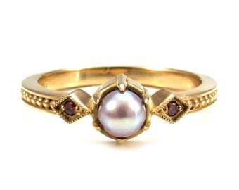 pearl engagement ring mauve freshwater pearl set in 18k yellow gold with cognac diamonds - Medieval Wedding Rings pearl engagement ring mauve freshwater pearl set in 18k yellow gold with cognac diamonds - Medieval Wedding Rings