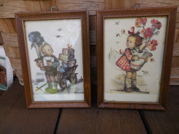 Vintage Pair of Hummel Pictures Small Little Girl and Boy