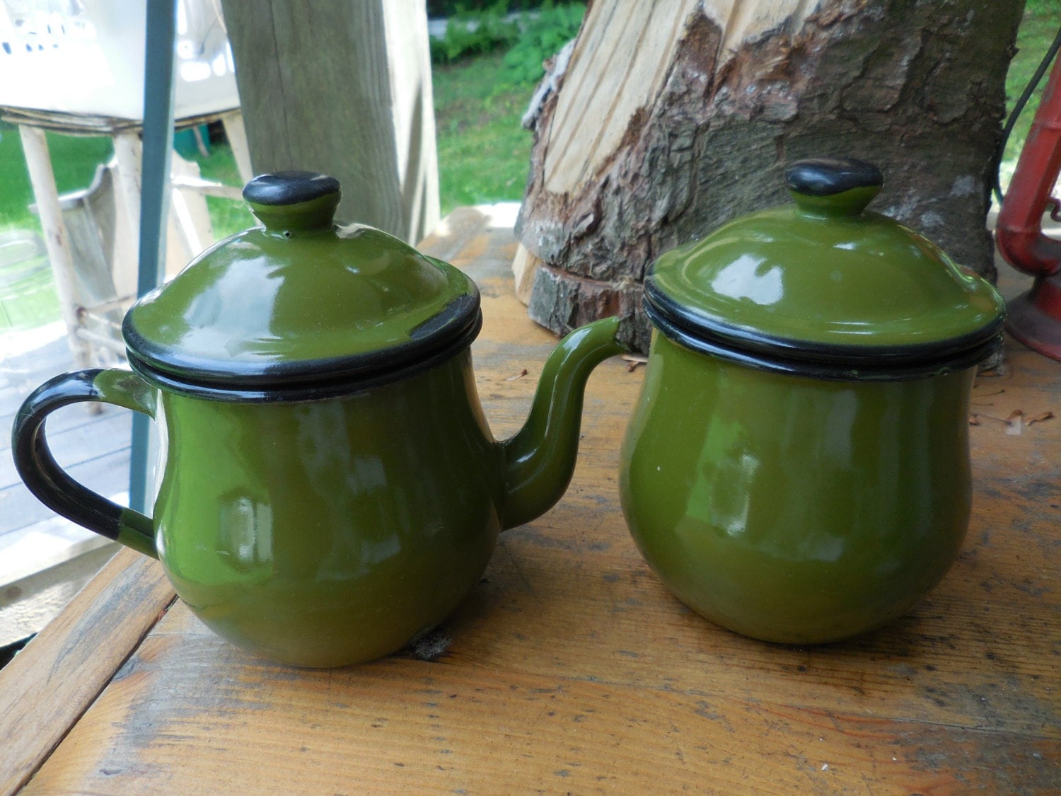 Vintage Olive Green Enamel Sugar Bowl and Tea Pot Japan 1950s to 1960s