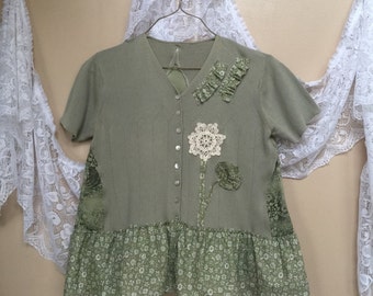 Upcycled Sage Green crop sweater / Shabby Chic Crop Cardigan Sweater / Romantic Crop cardigan / Shabby Vintage Artsy Cardigan