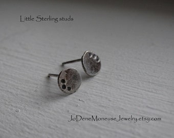 Little sterling studs, rustic hand fabricated earrings in recycled sterling silver, oxidized, hand crafted metalsmith jewelry