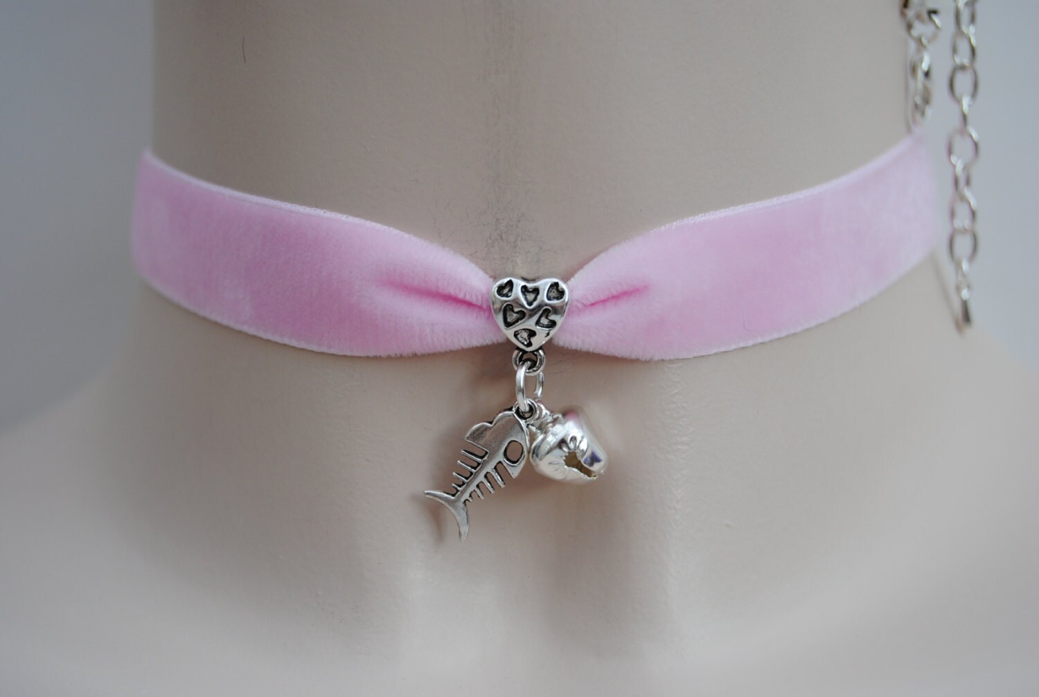 Fun CAT COLLAR Style Double Charms BLACK Velvet Ribbon Choker