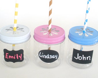 Plastic Mason Jars 8oz w/ “FREE" Chalkboard Labels / Kids Cups / 10 Plastic Jars, 10 Daisy Cut Jar Lids & 10 Labels / Frozen Party