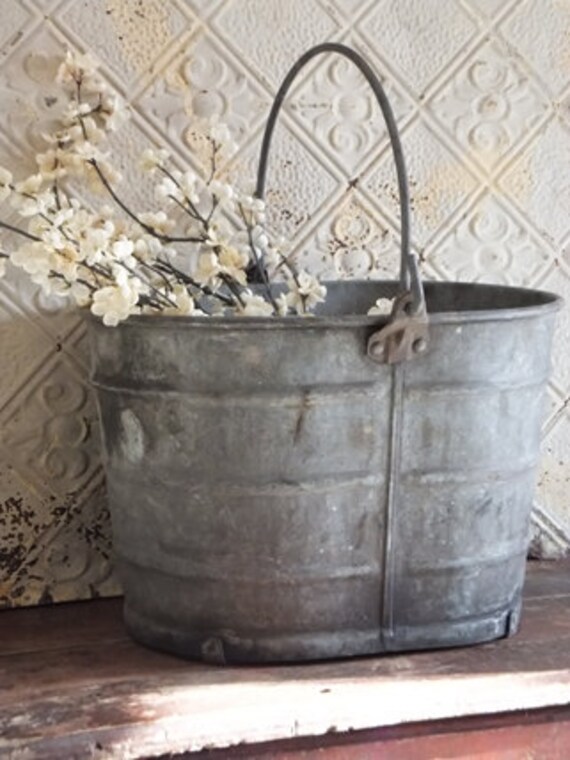 Vintage Oval Galvanized Bucket Metal Pail