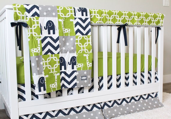 Navy and Green Crib Bedding Navy Elephant Green by GiggleSixBaby