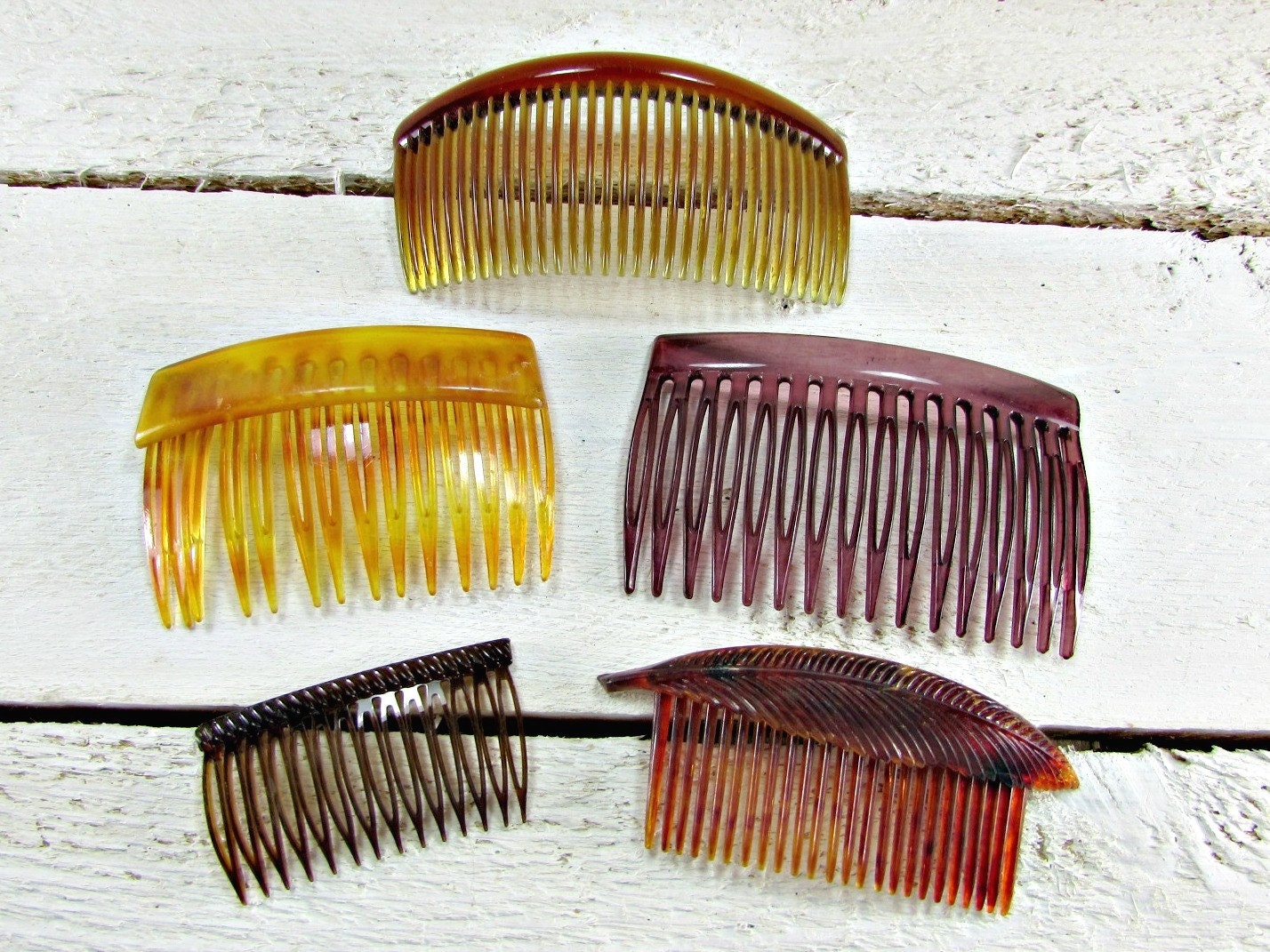 Vintage Hair Comb Set, Amber Brown Hair Combs, Celluloid Plastic Hair