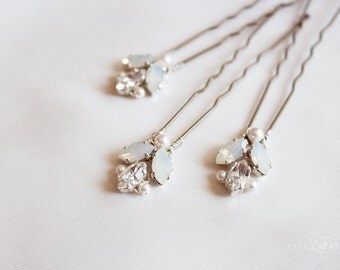 Hair Pins - White Opaline and Clear Crystal Rhinestones - Bridal Hair Pins -Bun Pins - Wedding Hair style -
