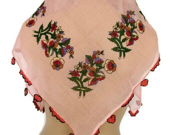 Light pink Grandmother SHAWL, Red -Green Floral Cotton Scarf,Bridal Scarf,Authentic, Romantic, Fashion, 1985s Vintage Scarf