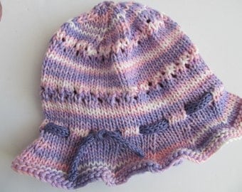 Cotton Handknit Baby's or Child' s Hat, Ruffle Brim, Pink and Lavender, Chemo Cap, OOAK