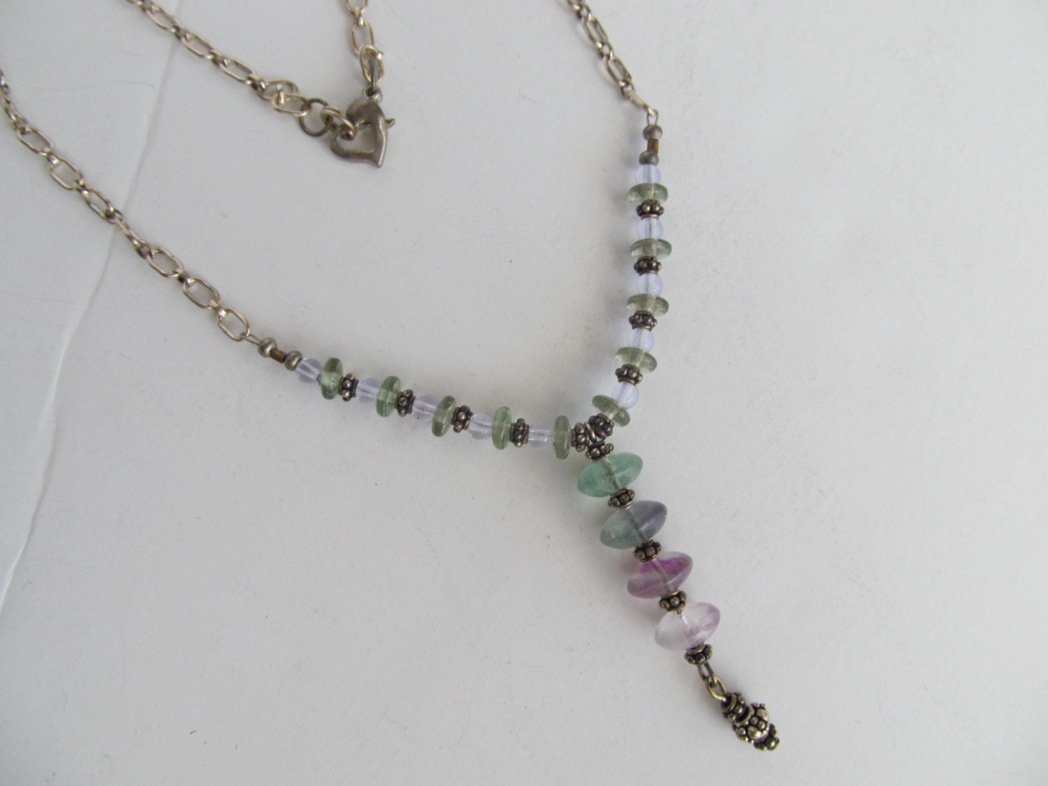 Necklace Silver Chain With Glass Beads Pink Lavender Blue