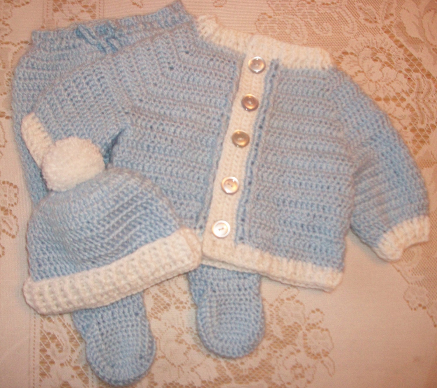 Crochet Baby Boy Blue Sweater Set Layette With Leggings