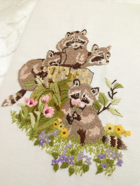 Raccoon trio crewel embroidery picture spring sampler mid century modern