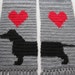 Grey Dachshund Scarf. Gray crochet scarf with red hearts and dachshund dog.