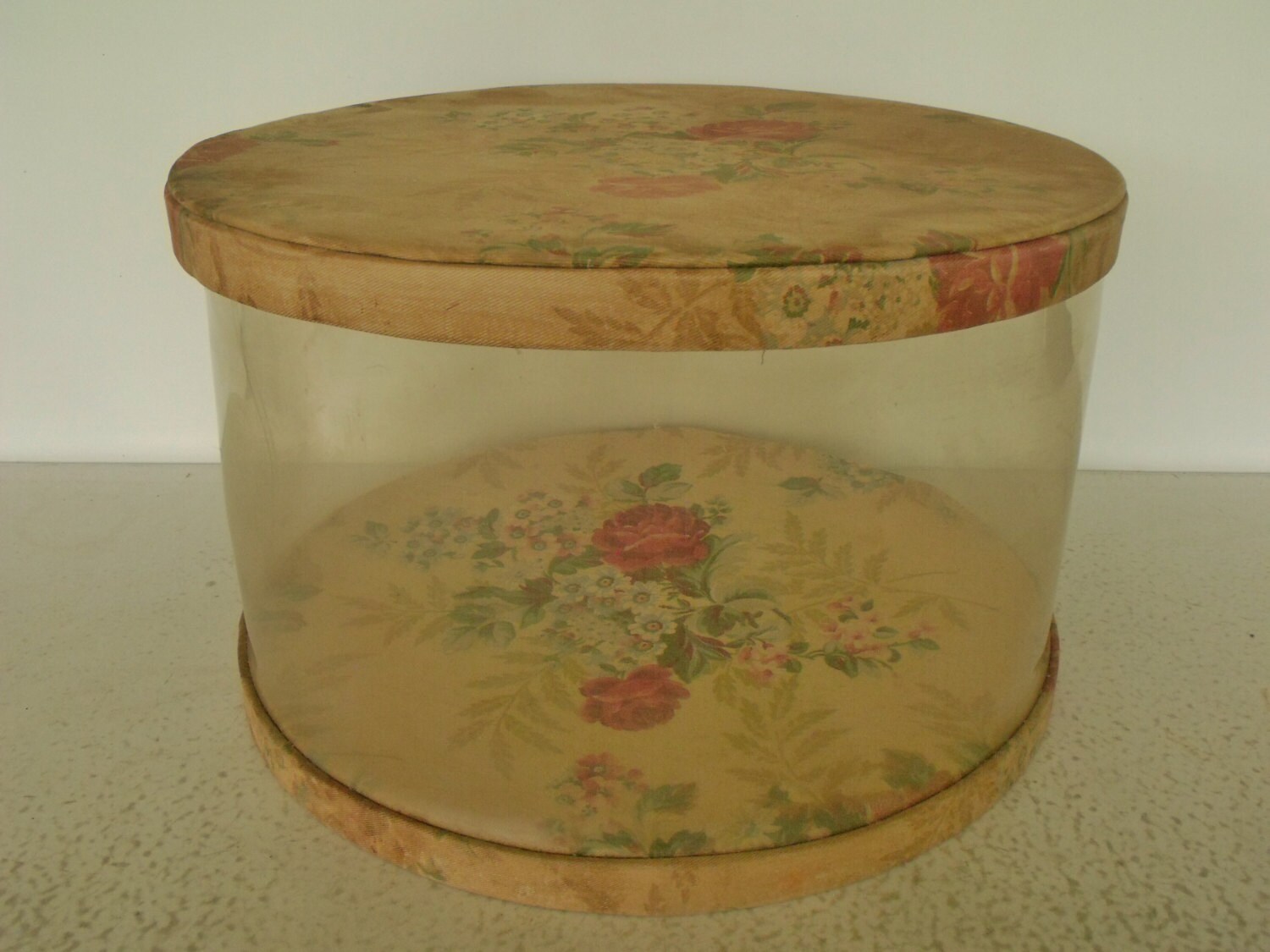 16 Hat Box Large Round Floral Clear Vinyl / Fabric Lid