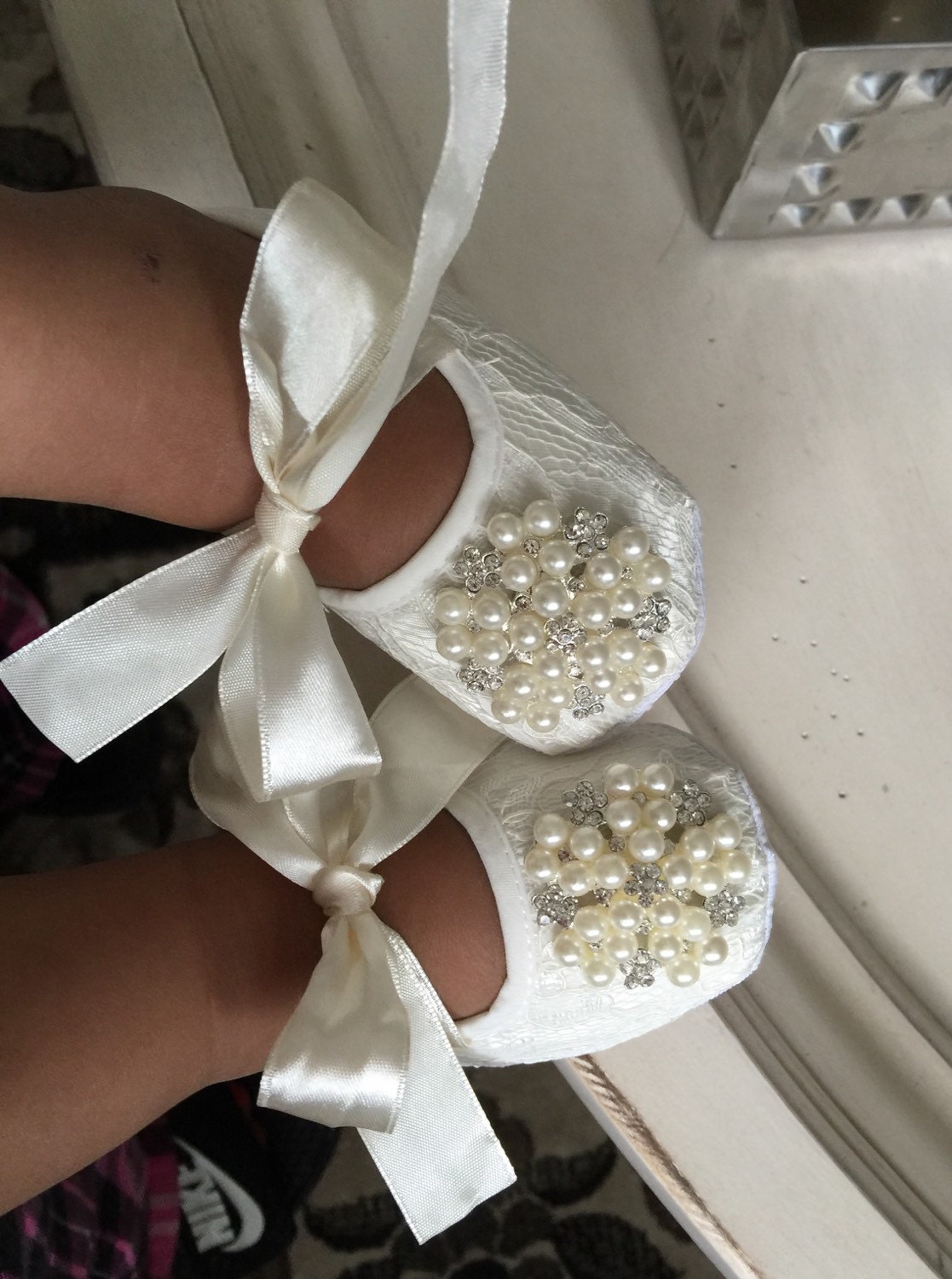 Baby Girl Ivory Lace Crib Shoes Baby by TheBabyBellaBoutique