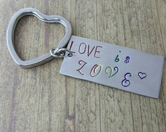 Love is love hand stamped lgbt support marriage equality key chain made from aluminum and stainless steel by miss ashley jewelry