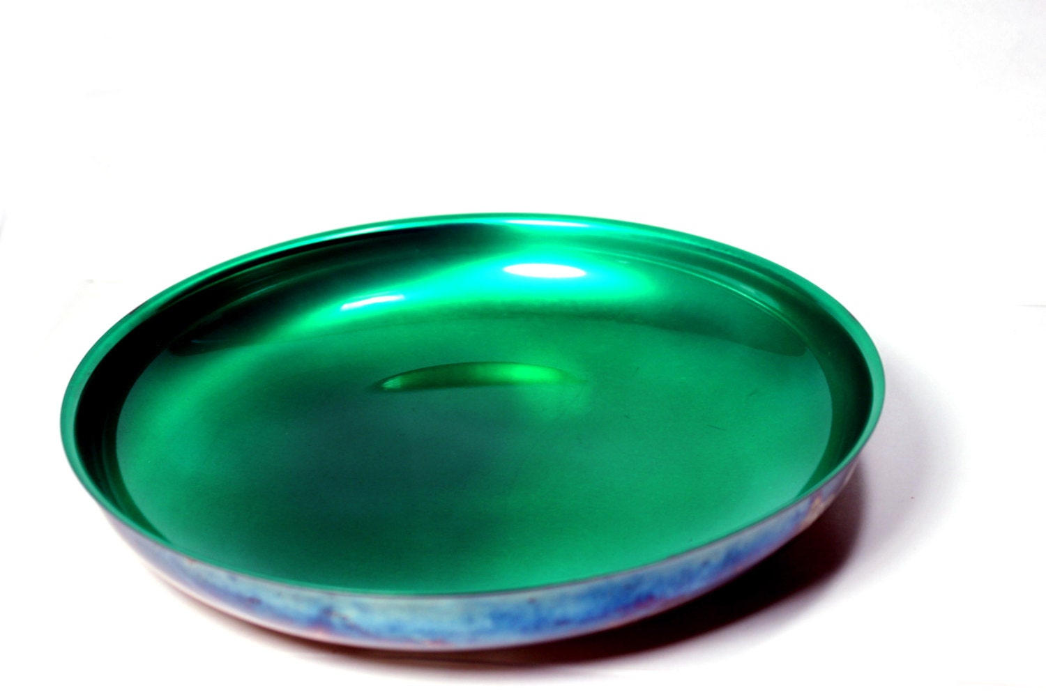 Vintage emerald green enamel on silverplate from Oneida. wide bowl