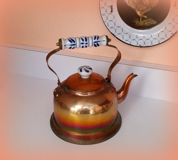 Vintage Copper Kettle Ceramic Handle with Blue and White