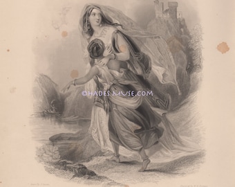 Treason-Traitor-Crime-Escape-Spain-Castle-Queen Isabelle-Lady Of Castile-Mother Protects Child-1839 Antique Vintage Art Print-Gothic Picture