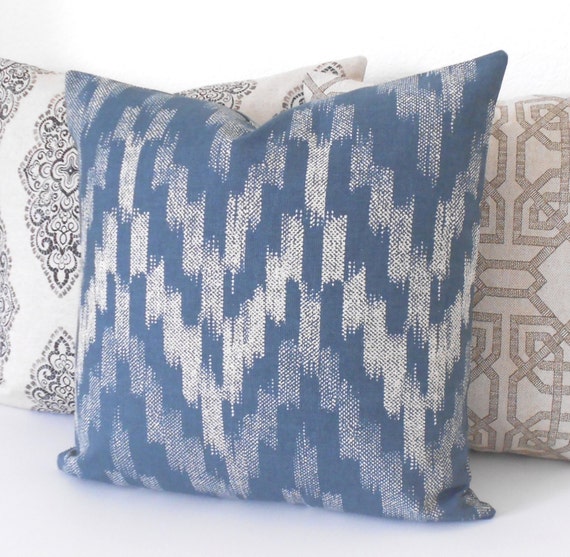 Both sides Blue and natural flame stitch ikat by pillowflightpdx