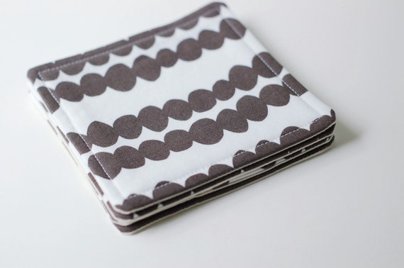 Fabric Coasters Set of 4 / White and Warm Grey / Lotta Jansdotter Fabric