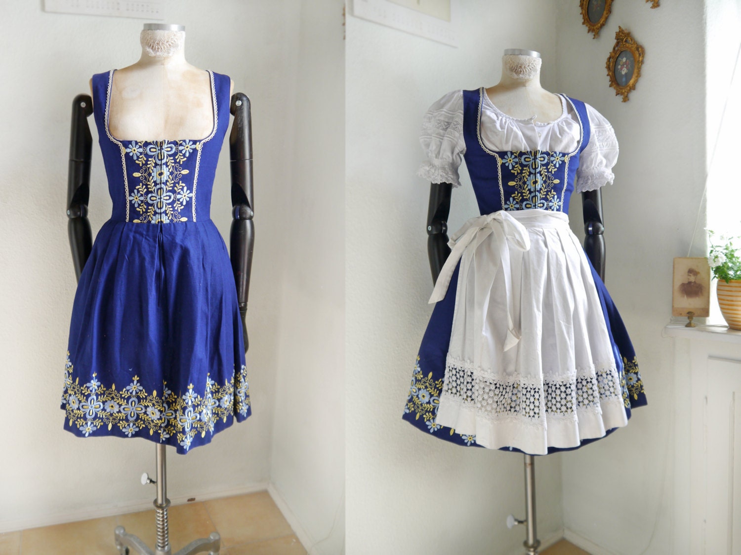 Short Dirndl with white Apron folk dress Dark Blue cotton