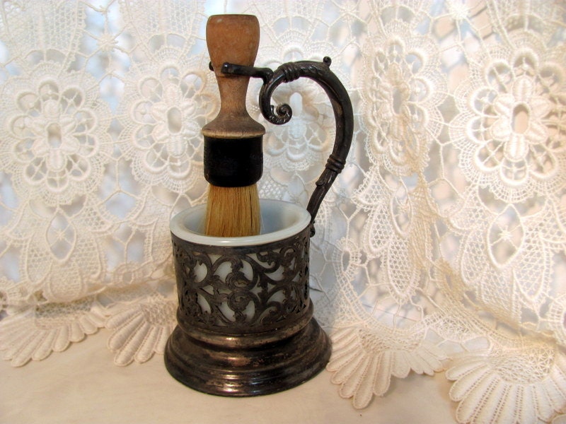 Shaving Mug / Victorian Metal Shaving Mug with Brush Holder