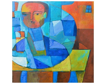 FISHBOWL, large 30x30 original painting, primitive portrait, impasto, abstract painting, by ELizabeth Rosen