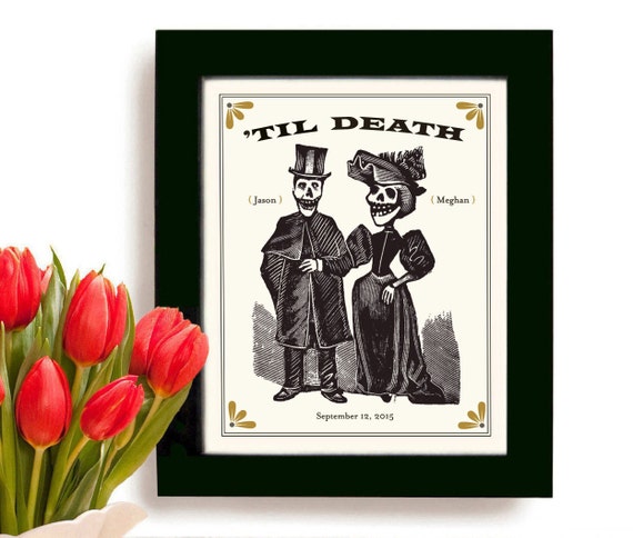 Unique Wedding Gift for Couples Personalized Art Print Day of the Dead Tattoo Couple Anniversary Gift I Love You to Death Skull Goth