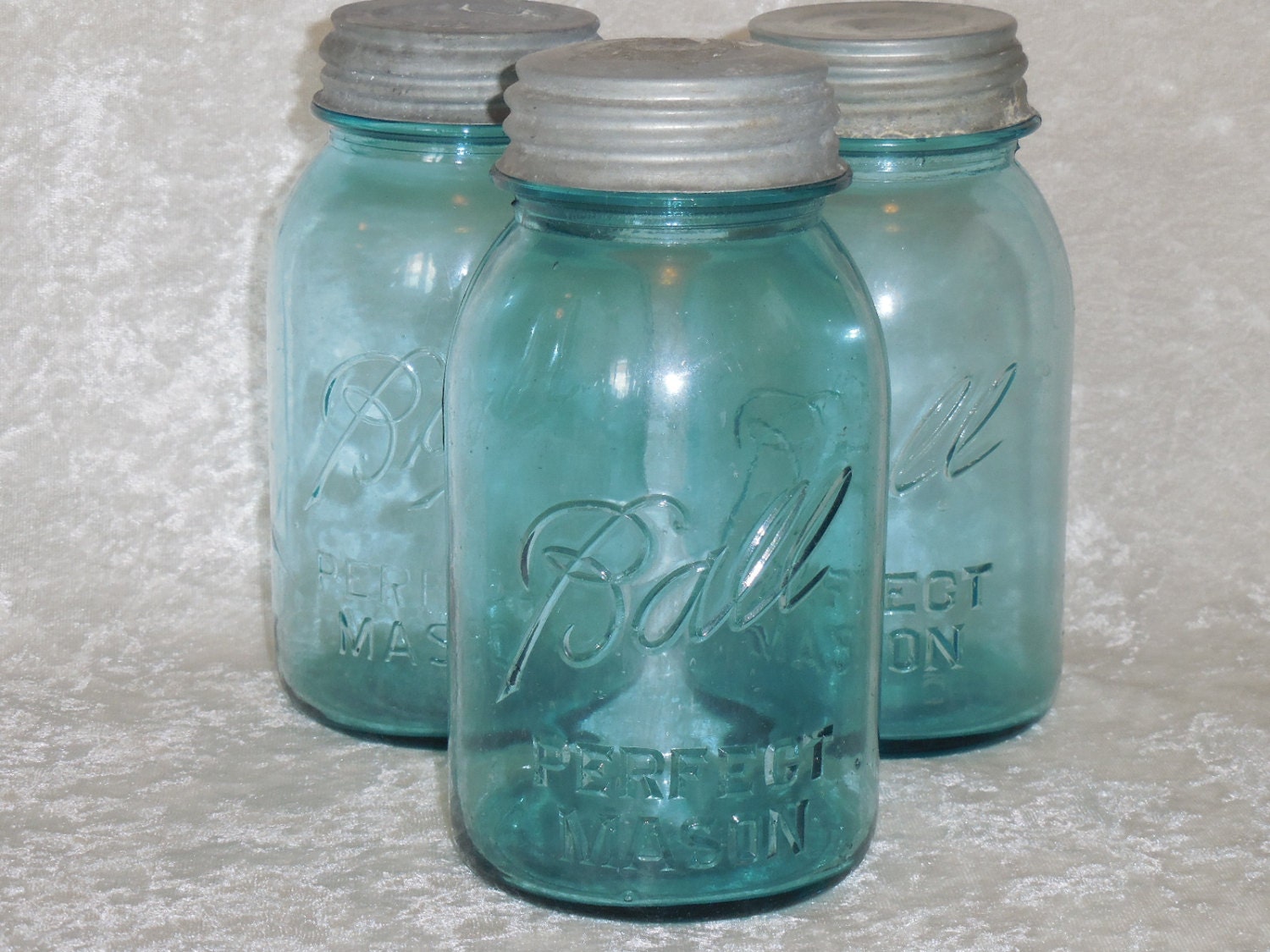 Vintage Blue Mason Jars with Zinc / Milk Glass Lids