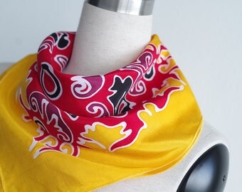 SALE item - Neckerchief or small square scarf. Hand painted in fiery colors - yellow red. Boho accessories tribal art summer scarves. Fire