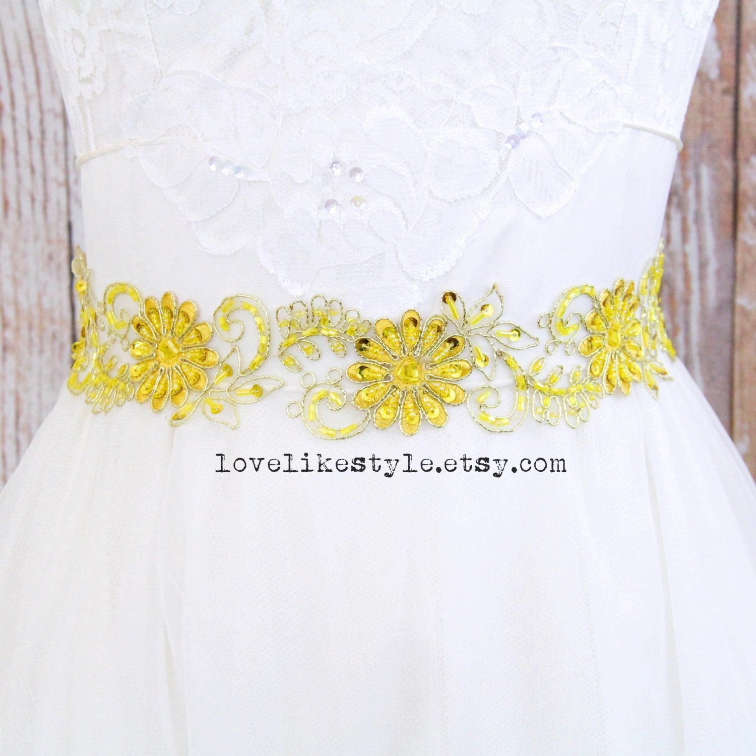 Yellow Beaded Lace Sash Bridal Yellow Sash Bridesmaid Yellow