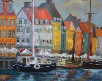 Waterfront Oil Painting in Copenhagen, Denmark / 24 X 30 / Original Boat Landscape