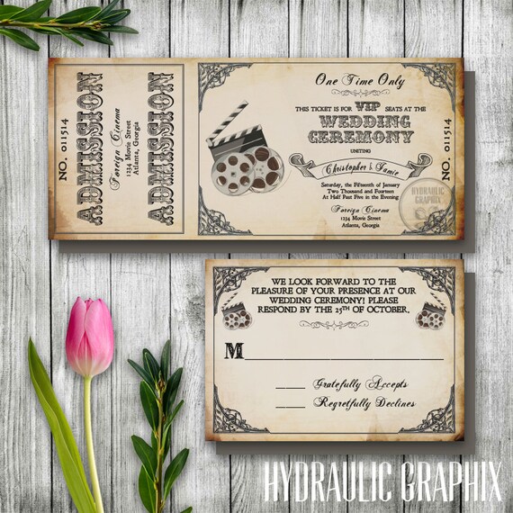 Vintage Film Wedding Ticket Invitation, Printable Ticket Invitation, Movie Theater Wedding Theme, Film Wedding Theme Invitation Il_570xn