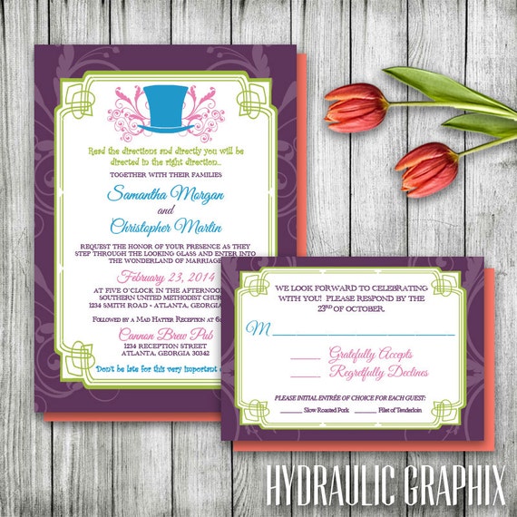 Mad Hatter Tea Party Wedding Invitation and RSVP, Printable Wedding Invitation, Alice in Wonderland Wedding Invitation, Mad Hatter Party Il_570xn