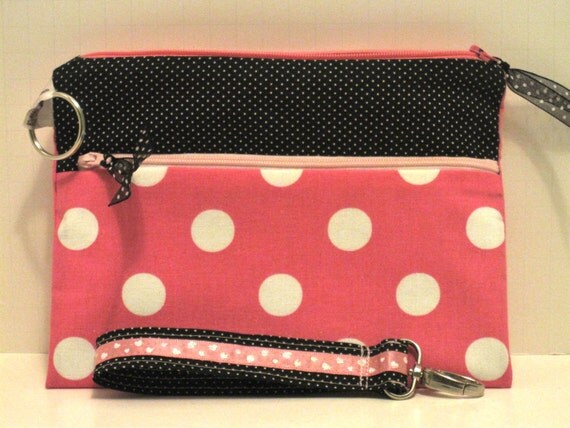 Handmade wristlet pouch purse bag polka dots pink key fob